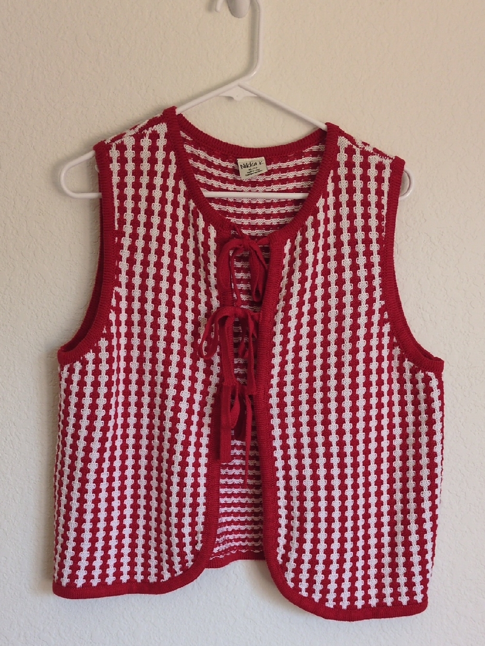 Red and White Knit Lace-Up Vest